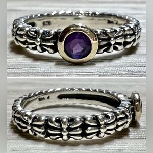 Vintage Designer Signed P Sterling Silver & 14K Gold Amethyst Ring, Size 7